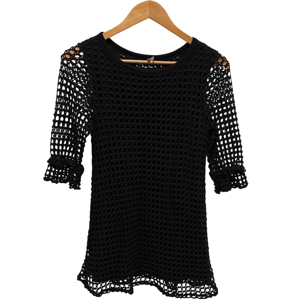 Pete Johnny Was Black Crochet Mesh‎ 3/4 Sleeve Tunic Top Sheer Boho Womens Small